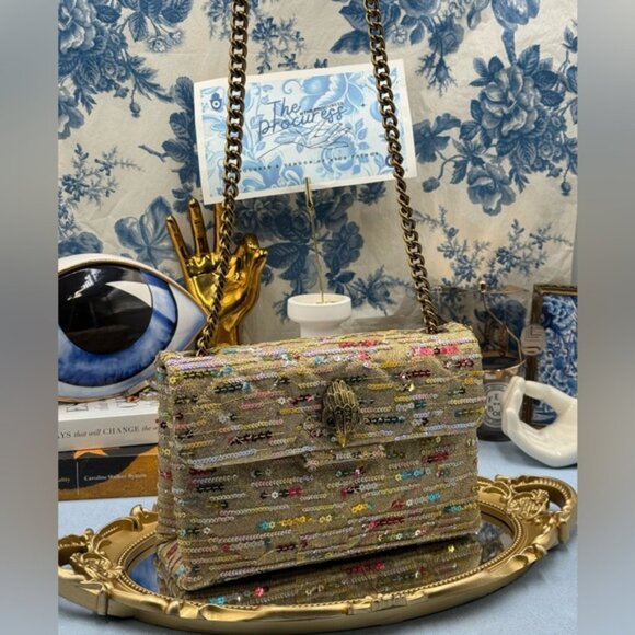 🆕 KURT GEIGER LONDON 🧿 NWOT Lurex Medium Kensington, Gold Rainbow Sequins - Picture 3 of 15